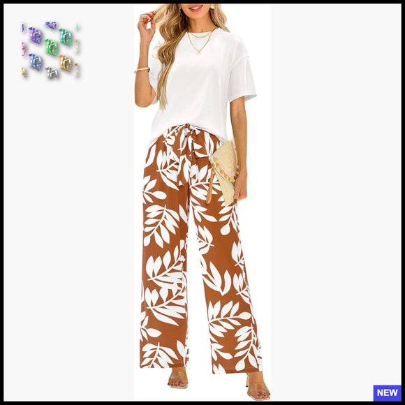Floral Wide Leg Pant Set Knit Top Relaxed Fit Lounge Wear Two Piece Outfit